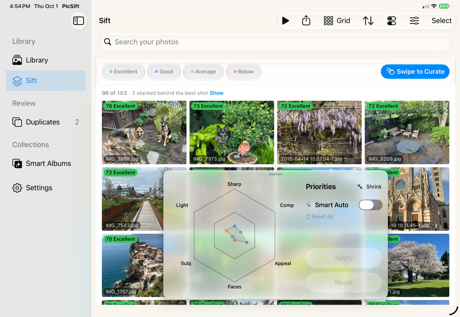 PicSift on an iPad: the ranked grid, each tile labeled with its score and tier, with the Priorities spider chart floating in a glass panel over the photos below the top row.