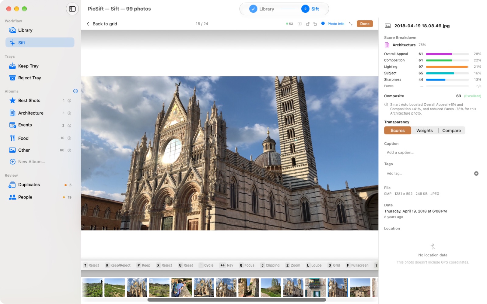 PicSift on a Mac showing a photograph of Siena Cathedral in the viewer, with Photo Info open beside it: the score broken out into Overall Appeal, Composition, Lighting, Subject, Sharpness and Faces, each with its share of the composite score of 63, Excellent.